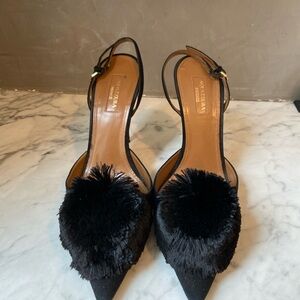 Aquazzura Black Mesh Slingback Heels with Pom-Pom